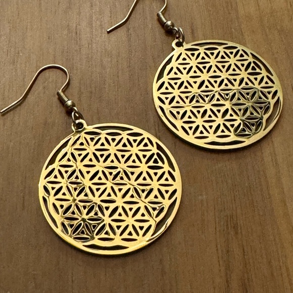 Flower of life gold plated earrings inch and a half - Picture 3 of 8
